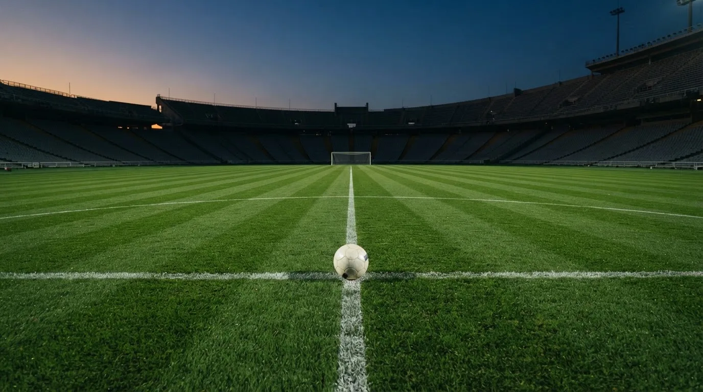 Ein Fußball liegt auf dem Anstoßpunkt eines leeren Rasenplatzes, dahinter ragen dunkle Ränge in den Abendhimmel.