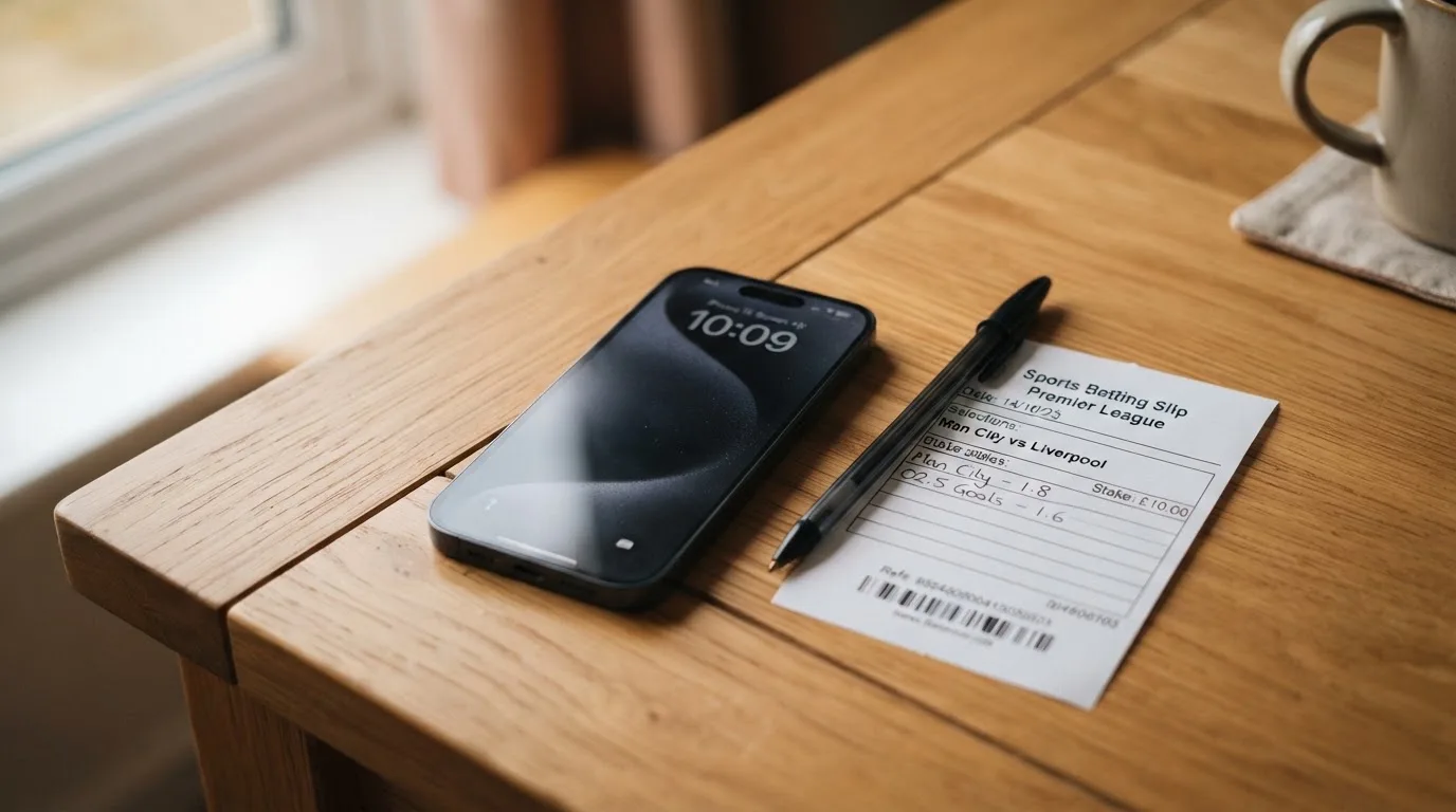 Ein Smartphone mit dunklem Display liegt neben einem leeren Papier-Wettschein und einem Stift auf einem Holztisch.