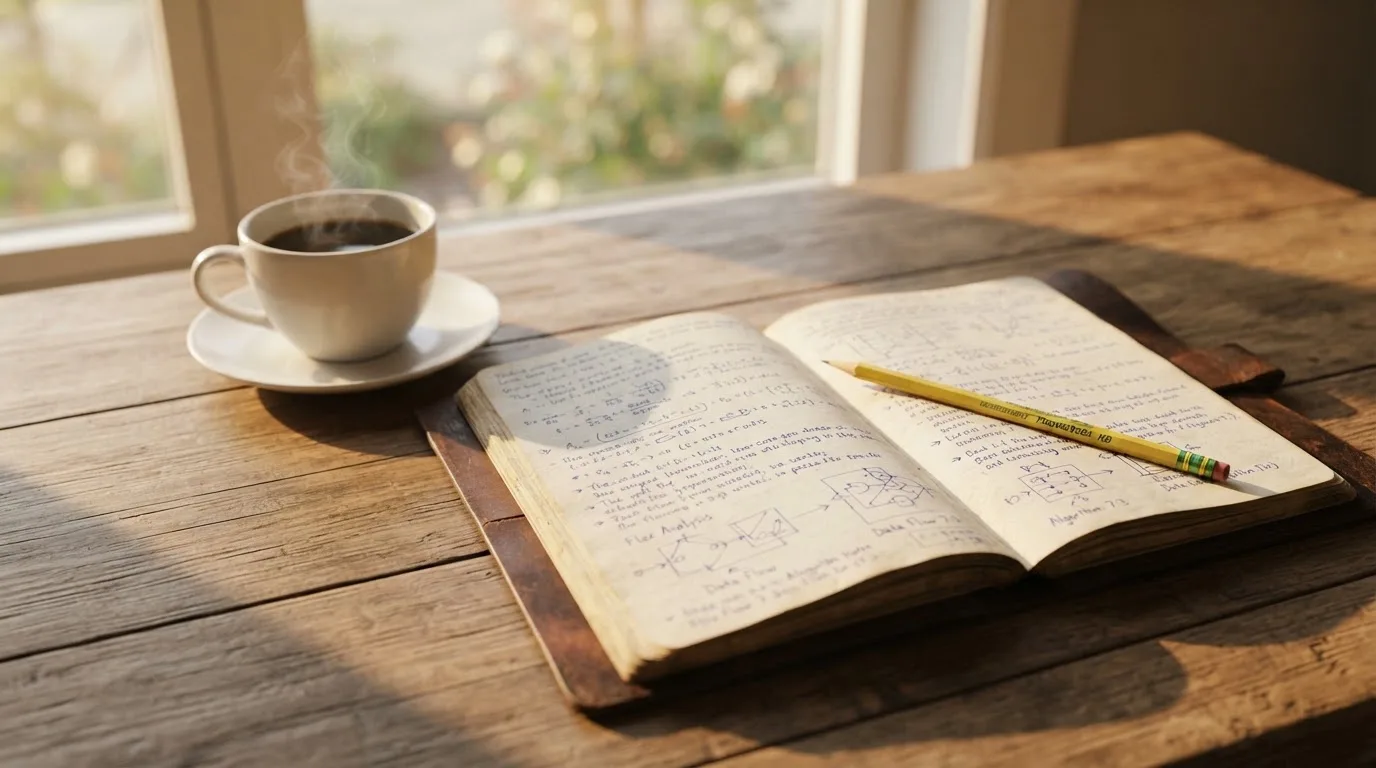 Ein Notizbuch mit handschriftlichen Notizen und einem Bleistift liegt auf einem Tisch, daneben steht eine Kaffeetasse im Morgenlicht.