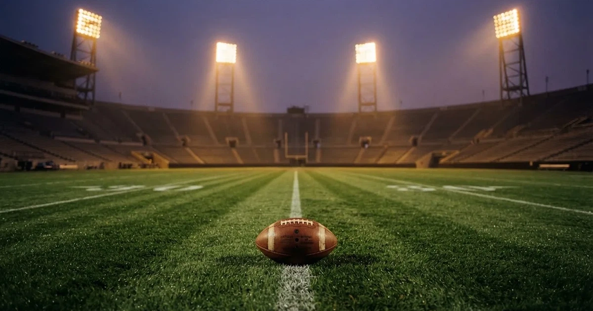 Ein American-Football-Ball liegt auf einem Rasenplatz unter Flutlicht, im Hintergrund eine große Tribüne in der Dämmerung.