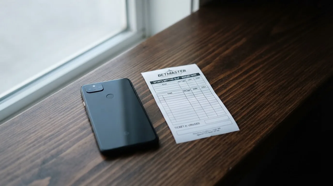 Ein Smartphone liegt mit dunklem Display auf einem Holztisch neben einem leeren Papier-Wettschein, Licht fällt von einem Fenster.