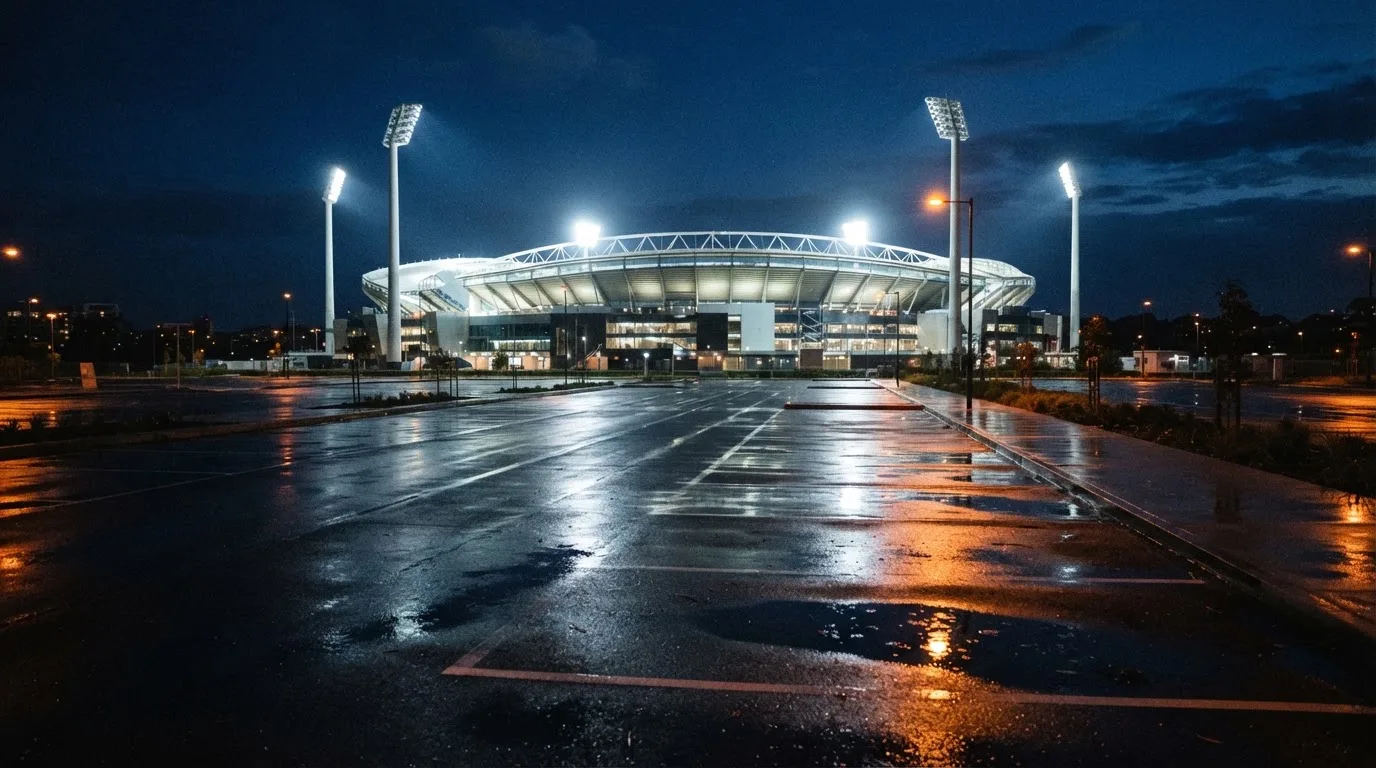 Ein Stadion unter Flutlicht von weitem betrachtet, davor ein stiller Platz bei Dunkelheit und feuchtem Asphalt.