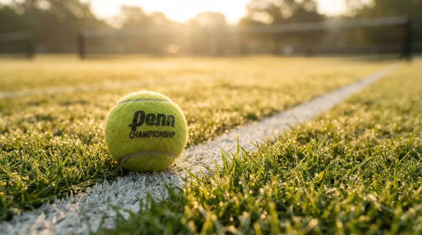Ein Tennisball liegt auf frisch gemähtem Gras neben einer weißen Linie, Tautropfen glänzen im Gegenlicht.