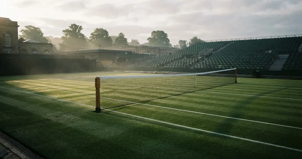 Ein Tennisplatz mit Rasenbelag im Morgenlicht, Netz und weiße Linien, im Hintergrund eine ruhige Tribüne.