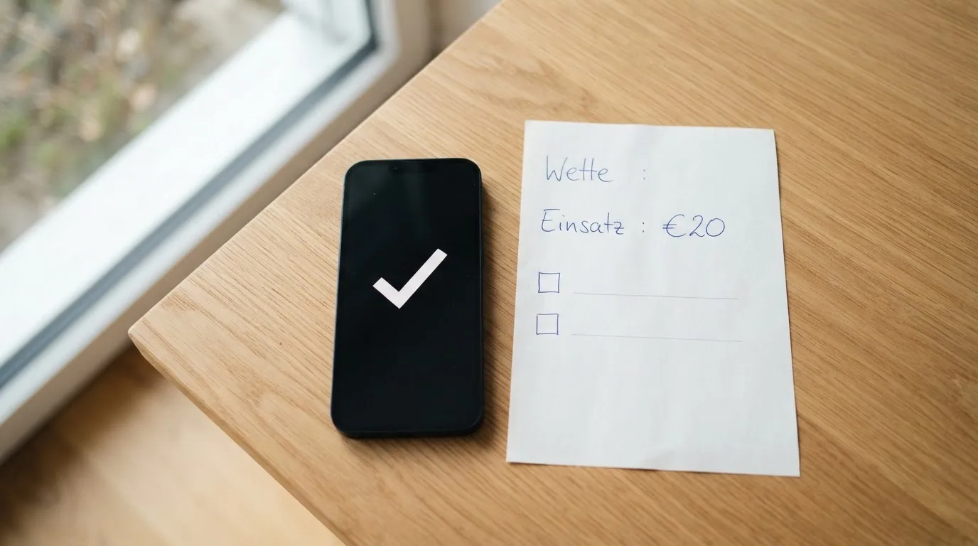 Ein Smartphone mit dunklem Display liegt neben einem leeren Papier-Wettschein auf einem Tisch am Fenster.