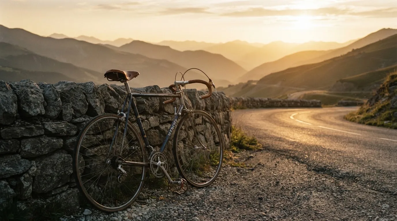 Ein Rennrad lehnt an einer Steinmauer in einer Bergkurve, im Hintergrund eine weite Hügellandschaft im Gegenlicht.