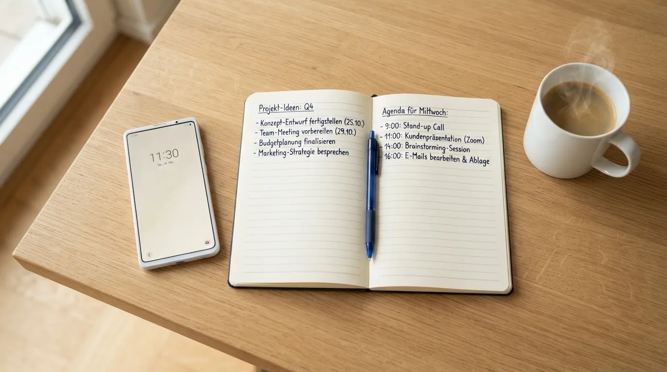 Ein Smartphone liegt auf einem Tisch neben einem Notizbuch mit handschriftlichen Notizen und einer Tasse Kaffee.