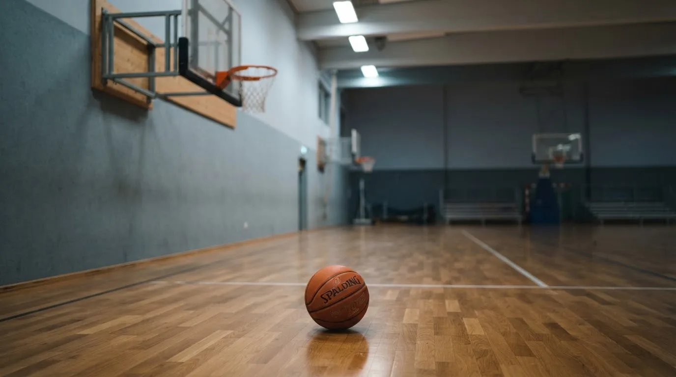 Ein Basketballkorb in einer leeren Halle, der Ball liegt unter dem Brett auf dem Parkett.