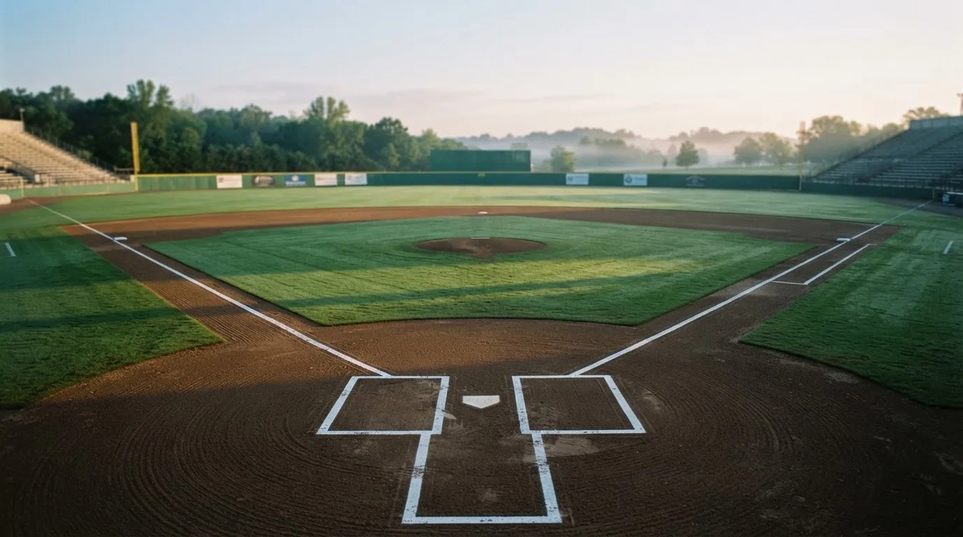 Ein Baseballfeld mit leerem Infield im Morgenlicht, die Linien frisch gezogen, keine Spieler im Bild.