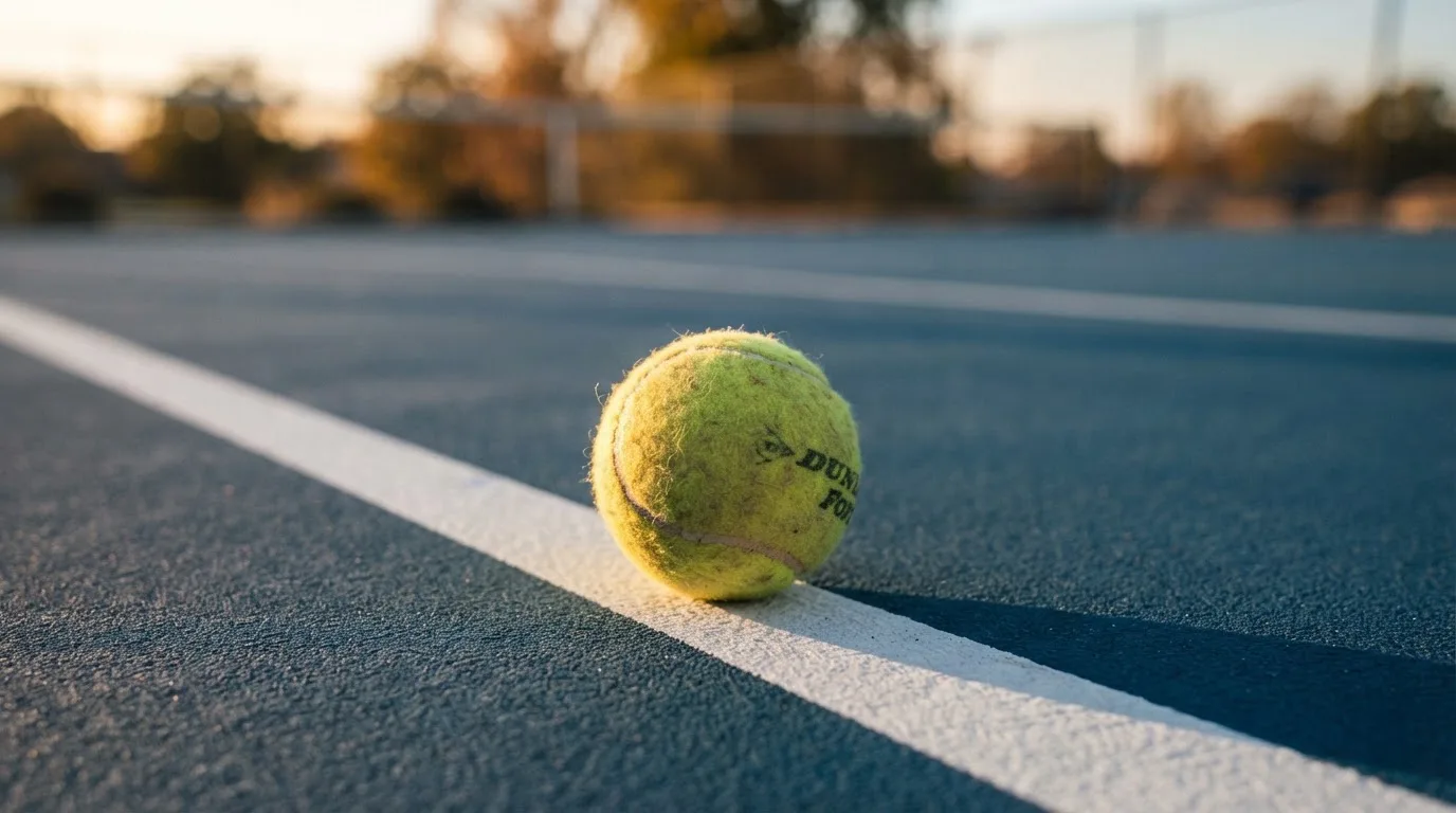 Ein Tennisball liegt in Nahaufnahme auf einer Grundlinie, dahinter verschwimmt ein leerer Platz in warmem Licht.