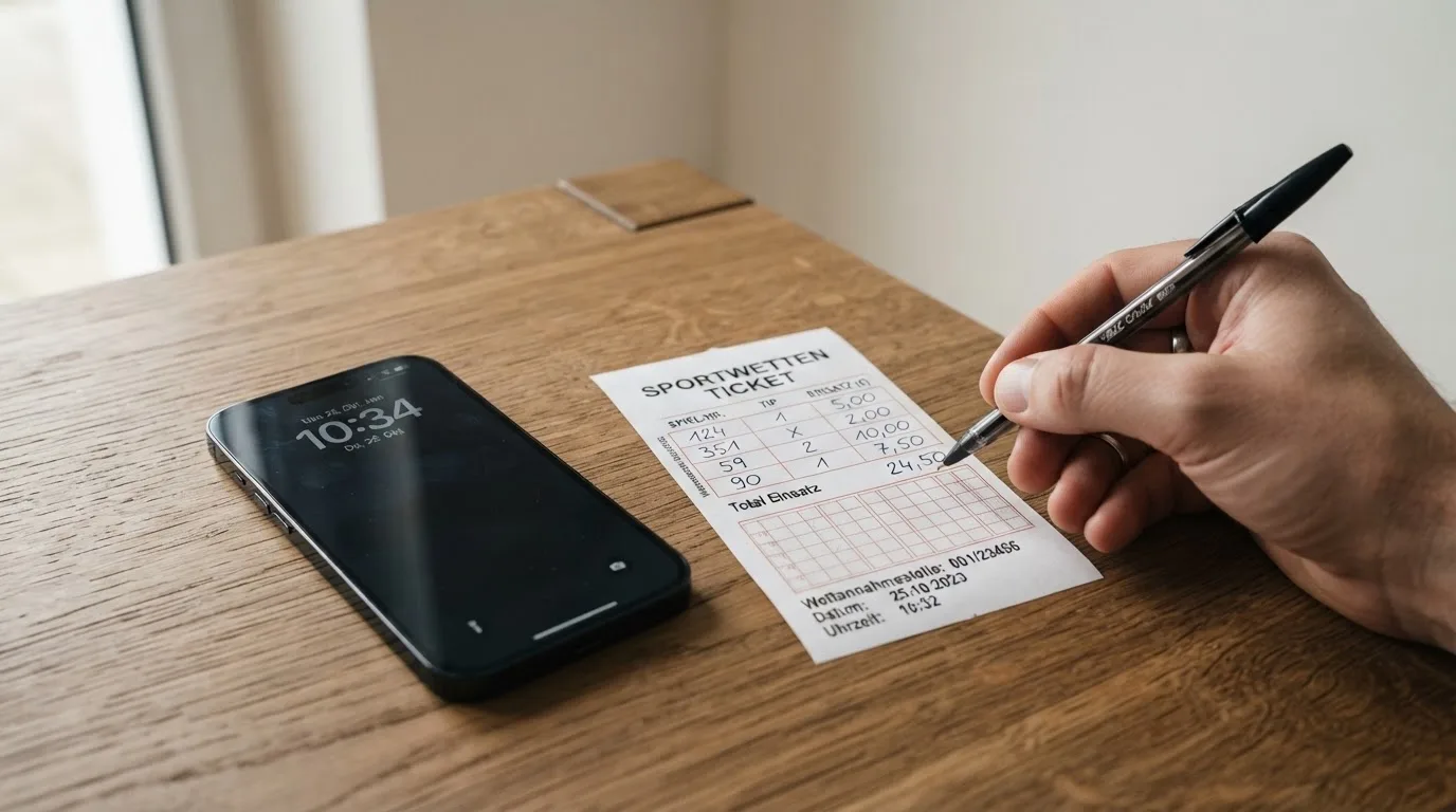 Ein Smartphone mit dunklem Display liegt neben einem leeren Papier-Wettschein auf einem Tisch, Licht fällt von der Seite.