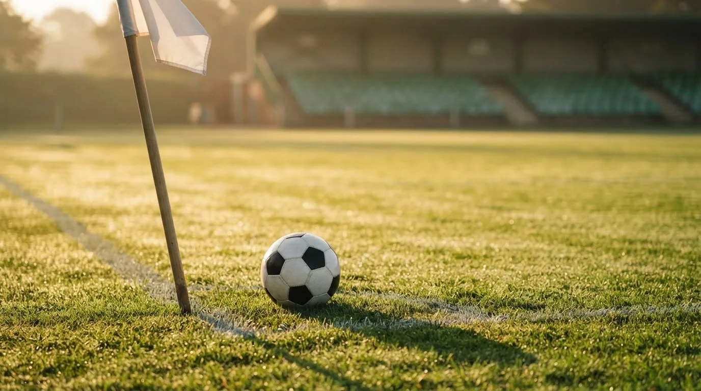 Ein Fußball liegt auf Rasen neben einer Eckfahne ohne Aufdruck auf einem leeren Platz im Morgenlicht.