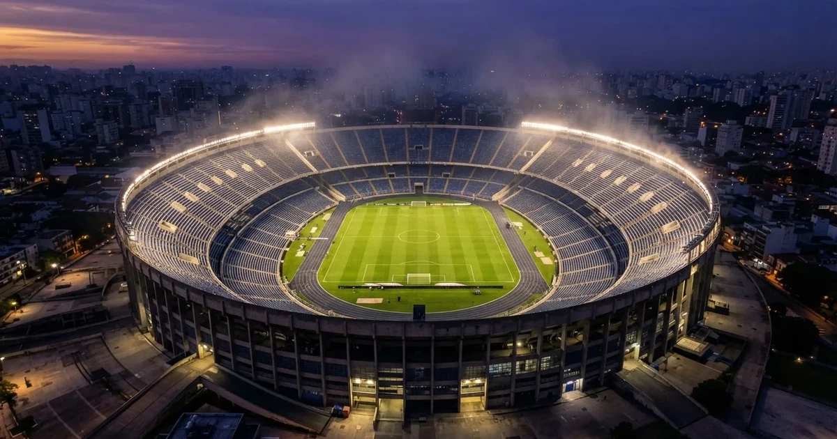 Ein riesiges Stadion in der Abenddämmerung aus der Vogelperspektive gesehen, die Lichter an den Rängen sind eingeschaltet.