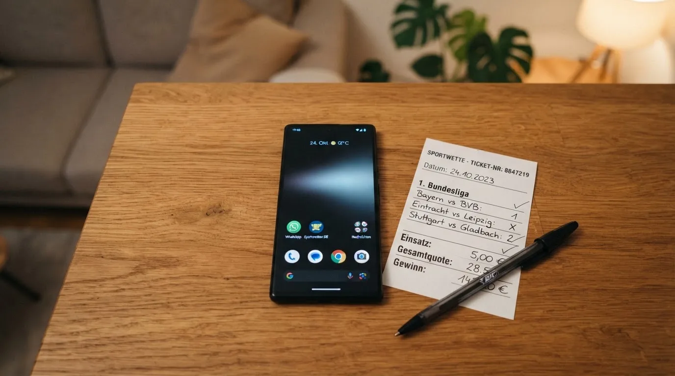 Ein Smartphone liegt mit dunklem Display neben einem leeren Papier-Wettschein und einem Stift auf einem Holztisch.