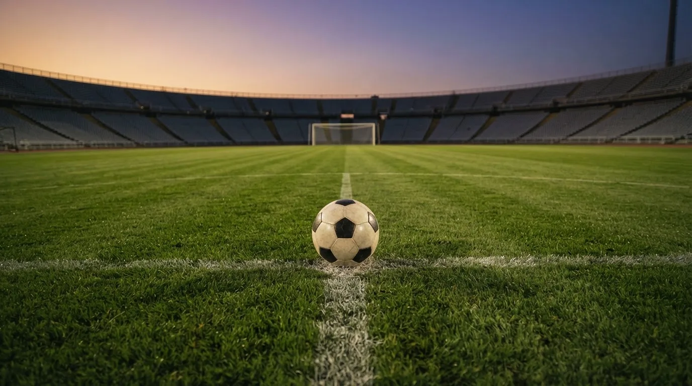 Ein Fußball liegt auf dem Anstoßpunkt eines Rasenplatzes, dahinter eine leere Tribüne im Abendlicht.