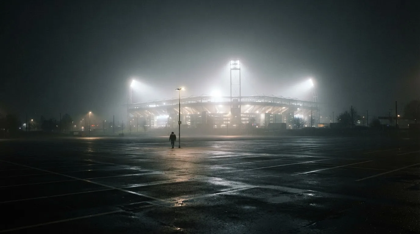 Ein Stadion unter Flutlicht aus der Ferne gesehen, davor ein stiller Parkplatz bei Nebel.