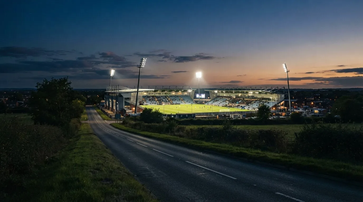 Ein Stadion unter Flutlicht aus großer Entfernung, davor eine leere Straße in der Abenddämmerung.