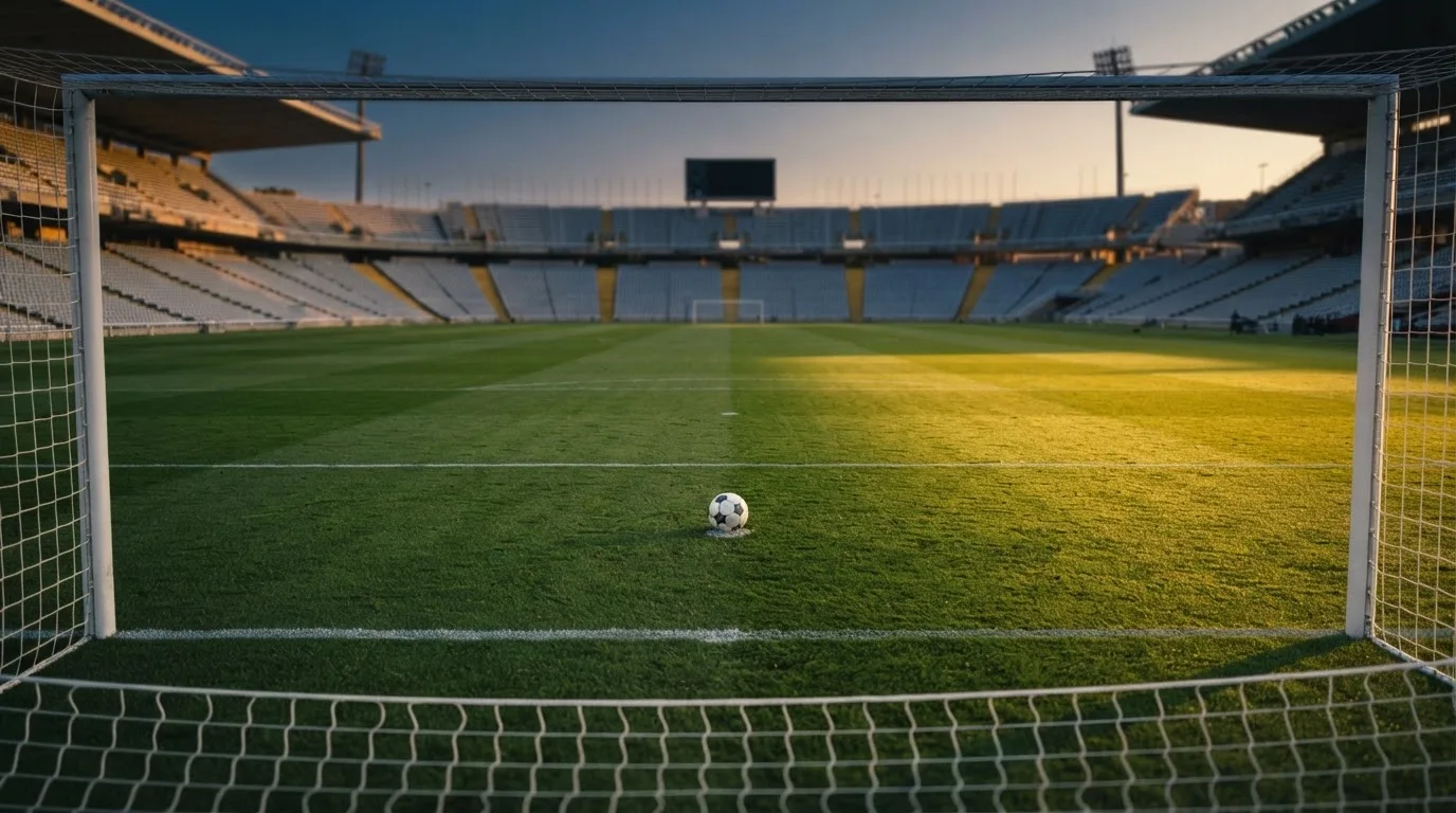 Ein Fußball liegt auf dem Anstoßpunkt eines Rasenplatzes, dahinter eine leere Tribüne im Abendlicht.