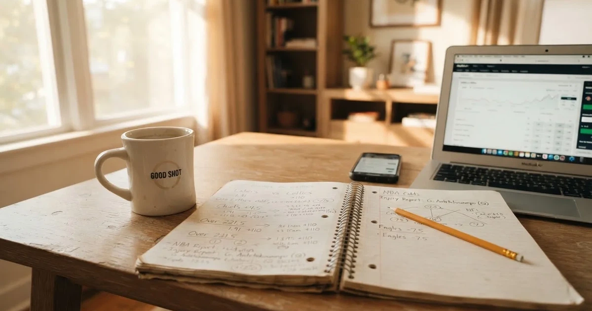 Eine Kaffeetasse, ein Notizbuch mit handschriftlichen Notizen und ein Bleistift auf einem hellen Schreibtisch am Morgen.