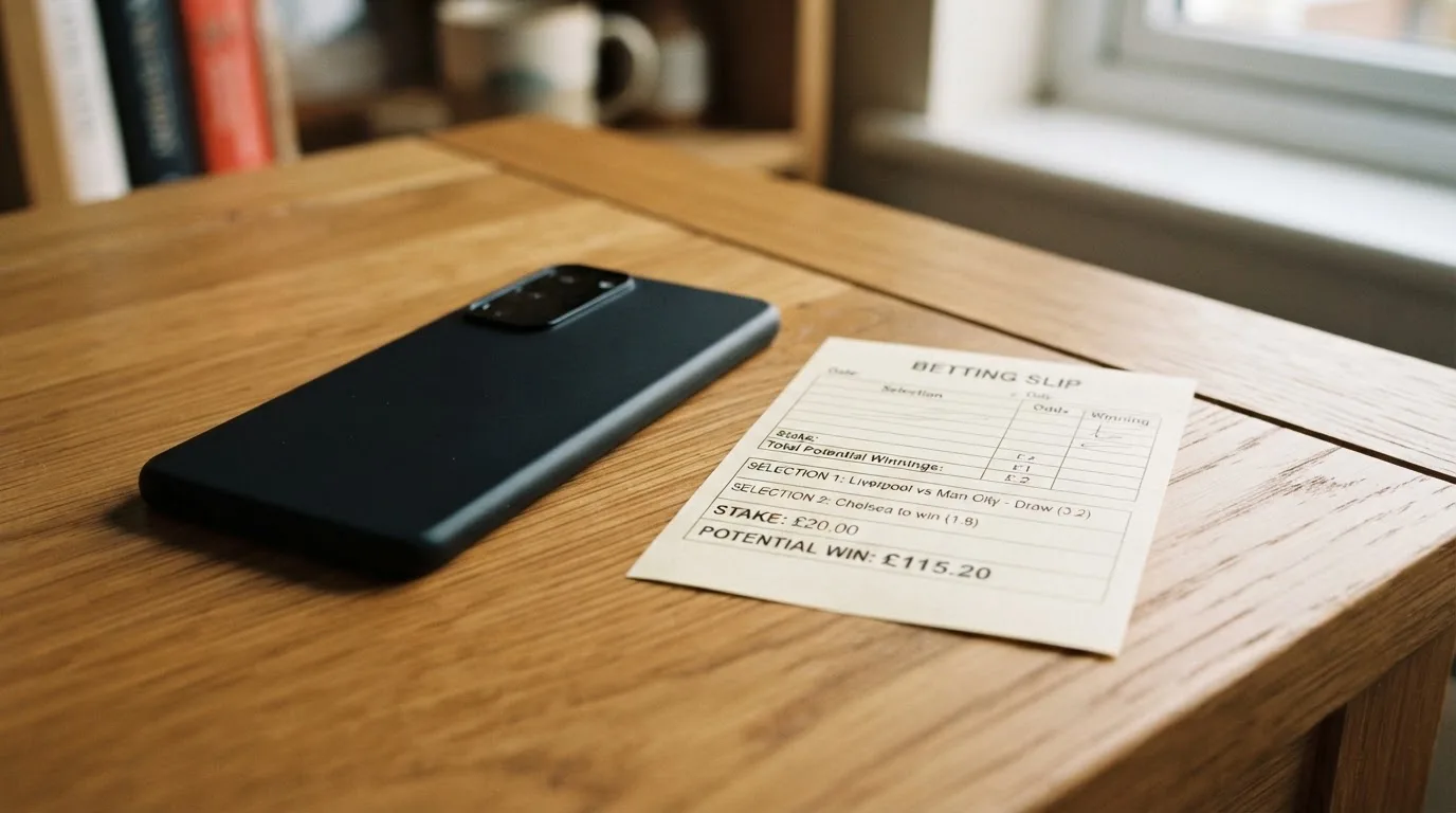Ein Smartphone mit dunklem Display liegt neben einem leeren Papier-Wettschein auf einem Holztisch, Licht fällt von der Seite.
