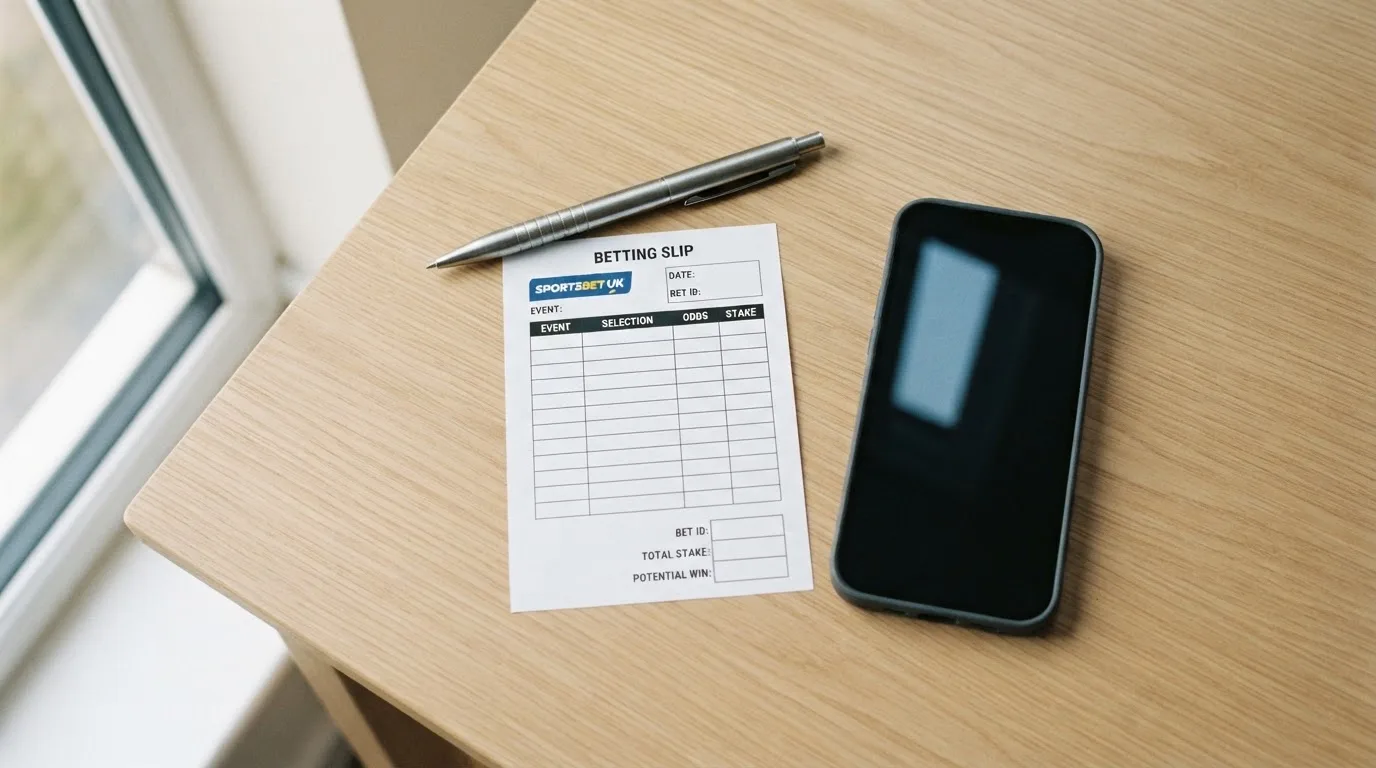 Ein leerer Papier-Wettschein und ein Kugelschreiber liegen neben einem Smartphone mit dunklem Display auf einem Schreibtisch am Fenster.