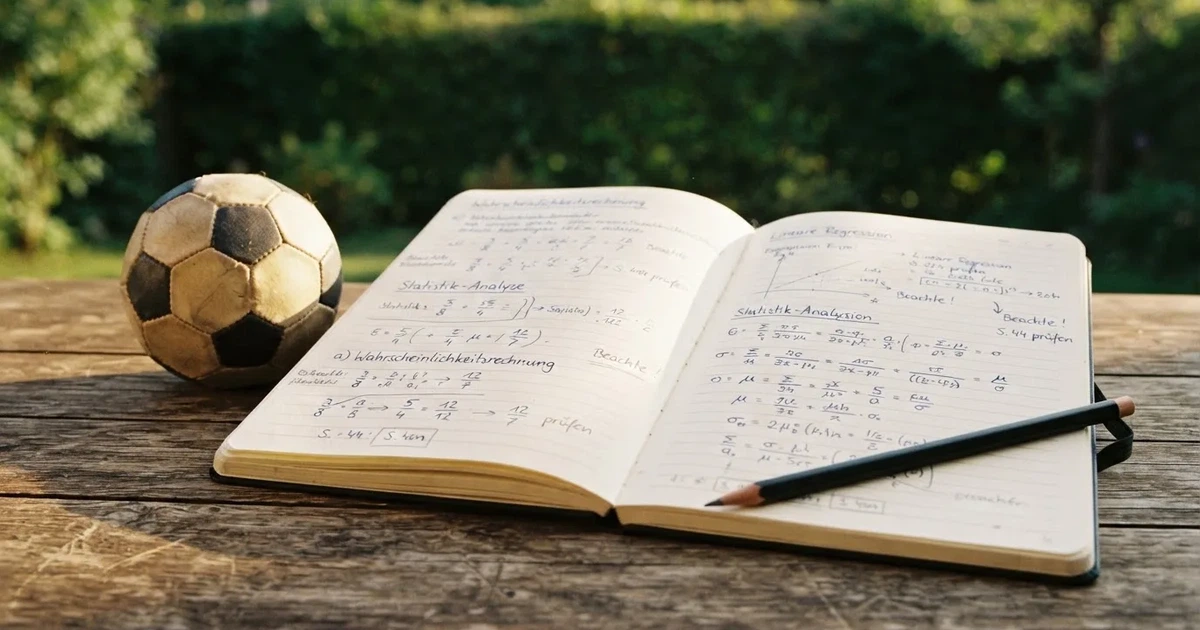 Ein Notizbuch mit handschriftlichen Notizen und einem Bleistift liegt auf einem Holztisch, daneben ein kleiner Fußball im Tageslicht.