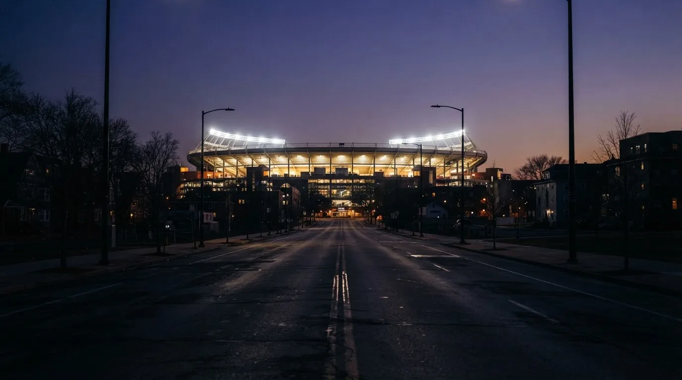 Ein Stadion unter Flutlicht aus großer Entfernung, davor eine leere Straße in der Abenddämmerung.