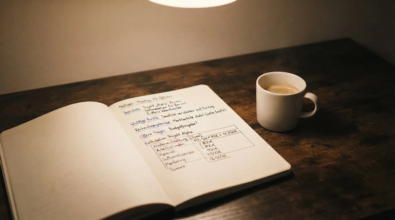 Ein Notizbuch mit handschriftlichen Notizen und ein Taschenrechner stehen auf einem Schreibtisch, daneben eine Tasse.