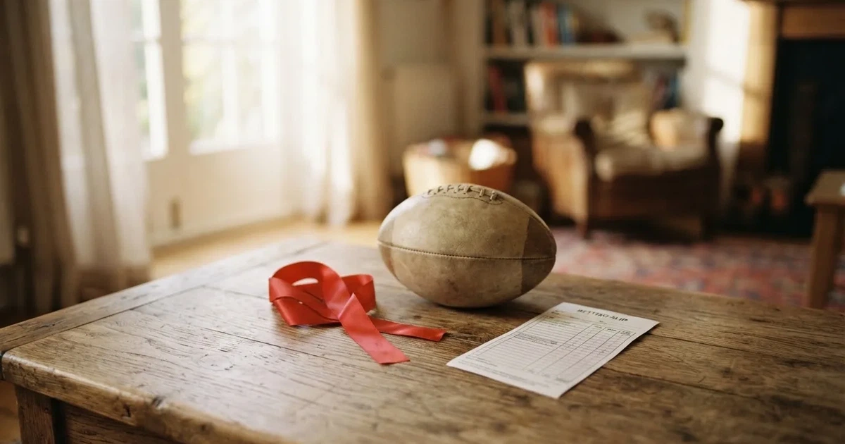 Ein kleines Geschenkband liegt neben einem Fußball und einem leeren Papier-Wettschein auf einem Holztisch im Tageslicht.