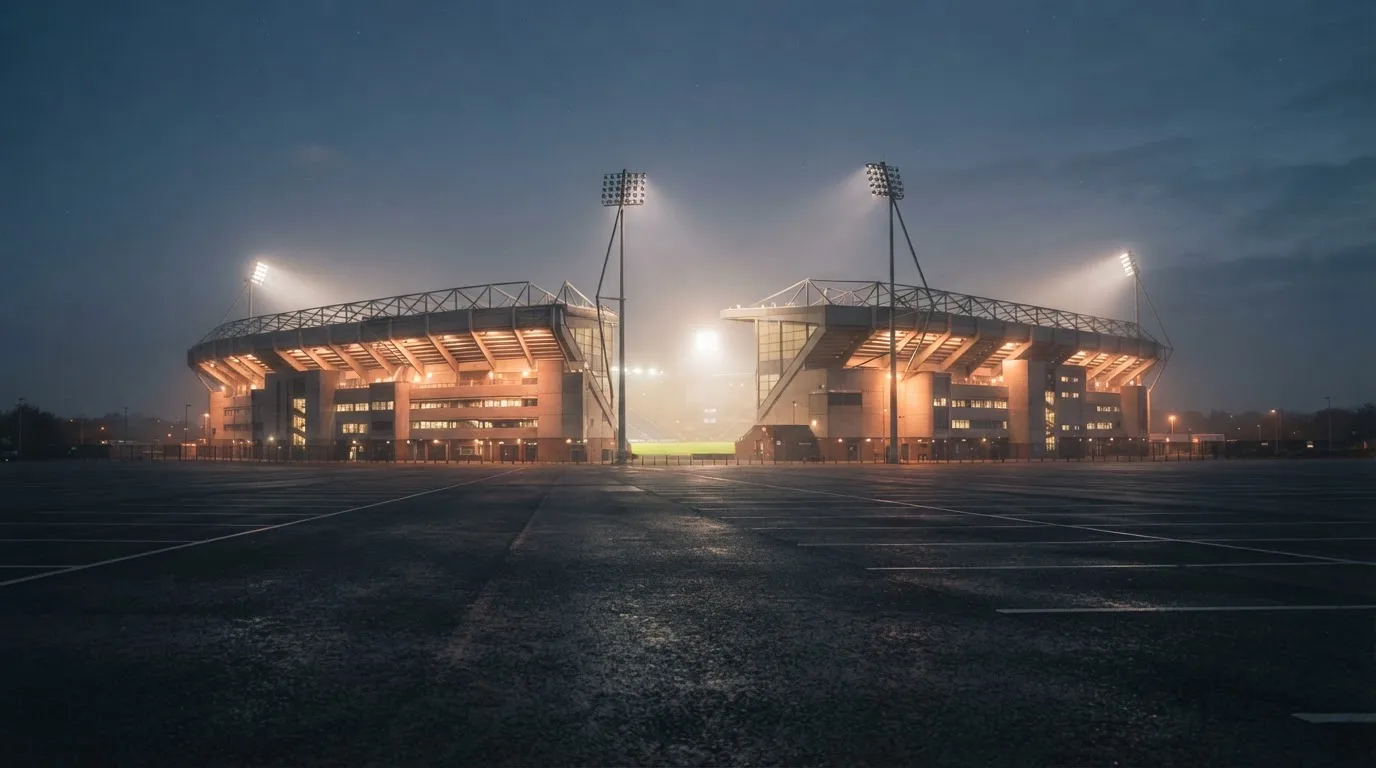 Ein Stadion unter Flutlicht aus der Ferne gesehen, davor ein leerer Parkplatz im Dunst.