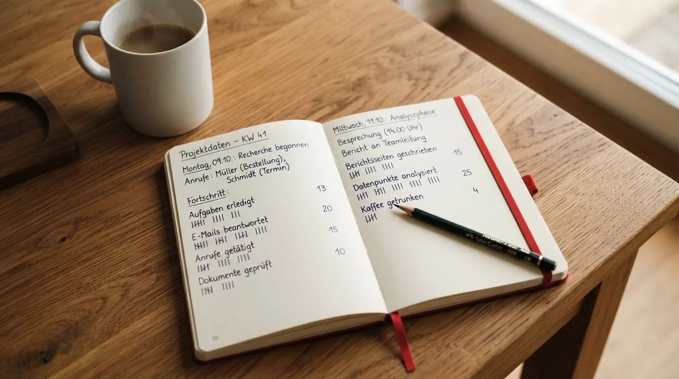 Ein Notizbuch mit handgeschriebenen Strichlisten liegt neben einem Bleistift und einer Kaffeetasse auf einem Holztisch.