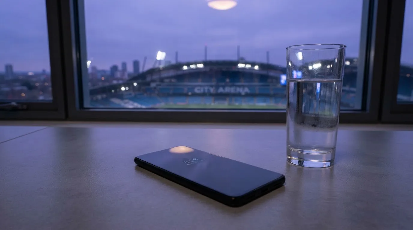 Ein Smartphone mit dunklem Display liegt auf einem Schreibtisch neben einem Glas Wasser, im Fenster dahinter ein Stadion im Dämmerlicht.