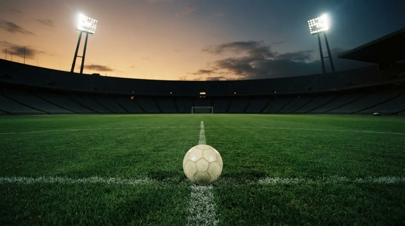 Ein Fußball liegt auf dem Mittelkreis eines leeren Rasenplatzes unter Flutlicht am frühen Abend, die Tribünen sind nur schemenhaft zu erkennen.