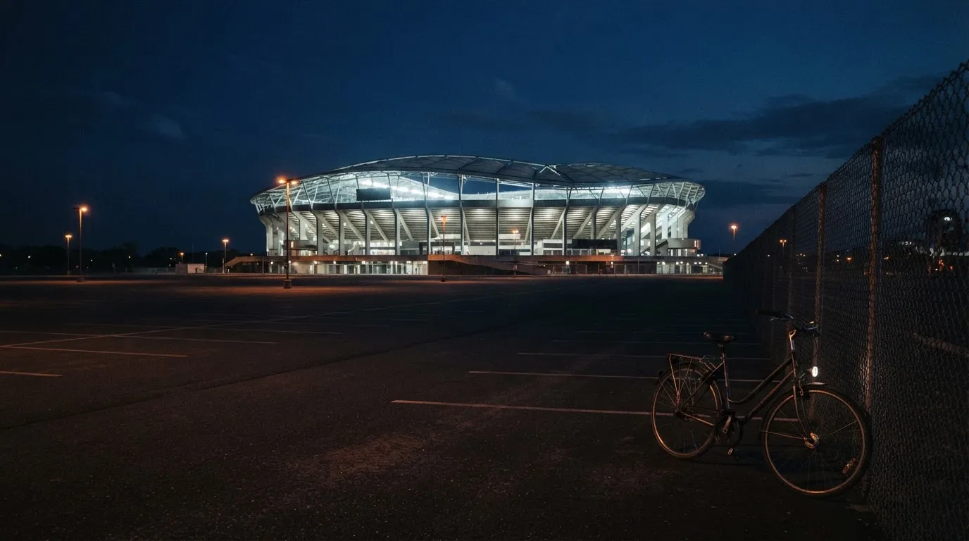 Ein Stadion unter Flutlicht aus der Ferne gesehen, davor ein dunkler Parkplatz und ein einzelnes Fahrrad an einem Zaun.