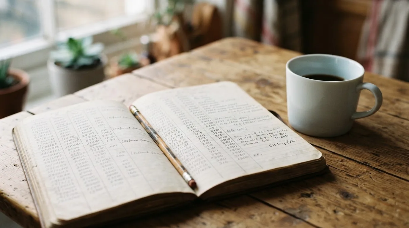 Ein Notizbuch mit handschriftlichen Zahlenreihen und ein Bleistift liegen auf einem Küchentisch neben einer Tasse.