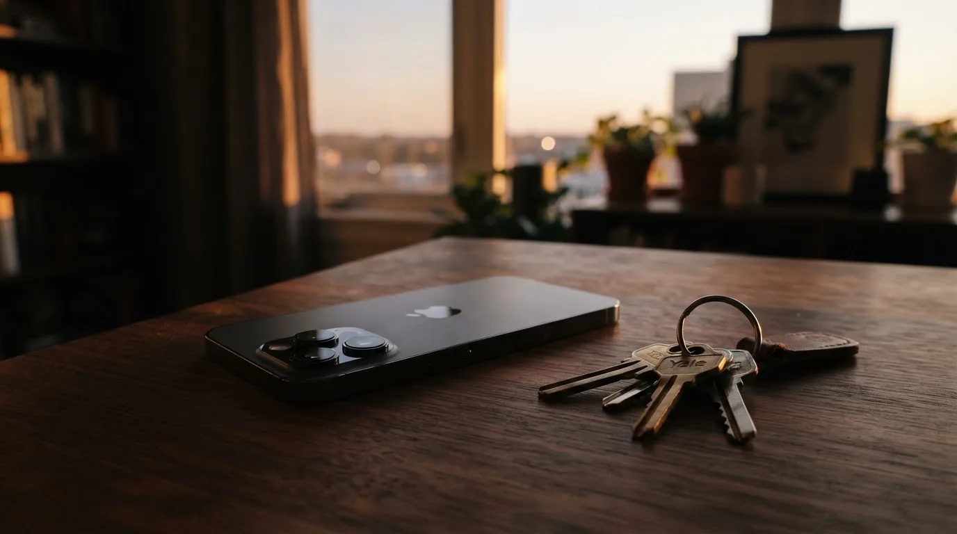 Ein Smartphone mit dunklem Display liegt auf einem Holztisch, daneben ein Schlüsselbund, im Hintergrund ein Fenster mit Abendlicht.
