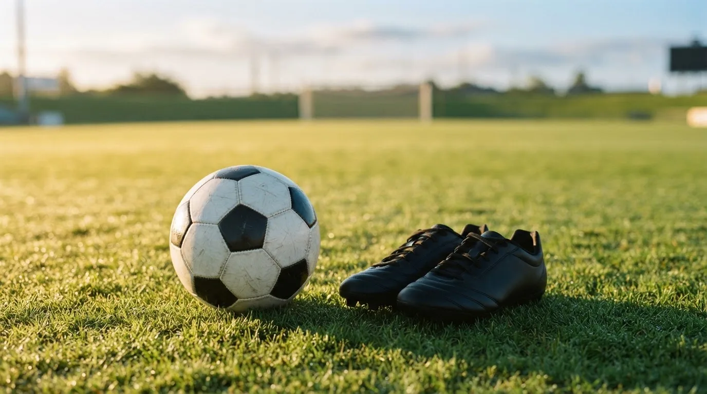 Ein Fußball auf frisch gemähtem Rasen im Morgenlicht, daneben ein Paar Fußballschuhe ohne erkennbare Marke.
