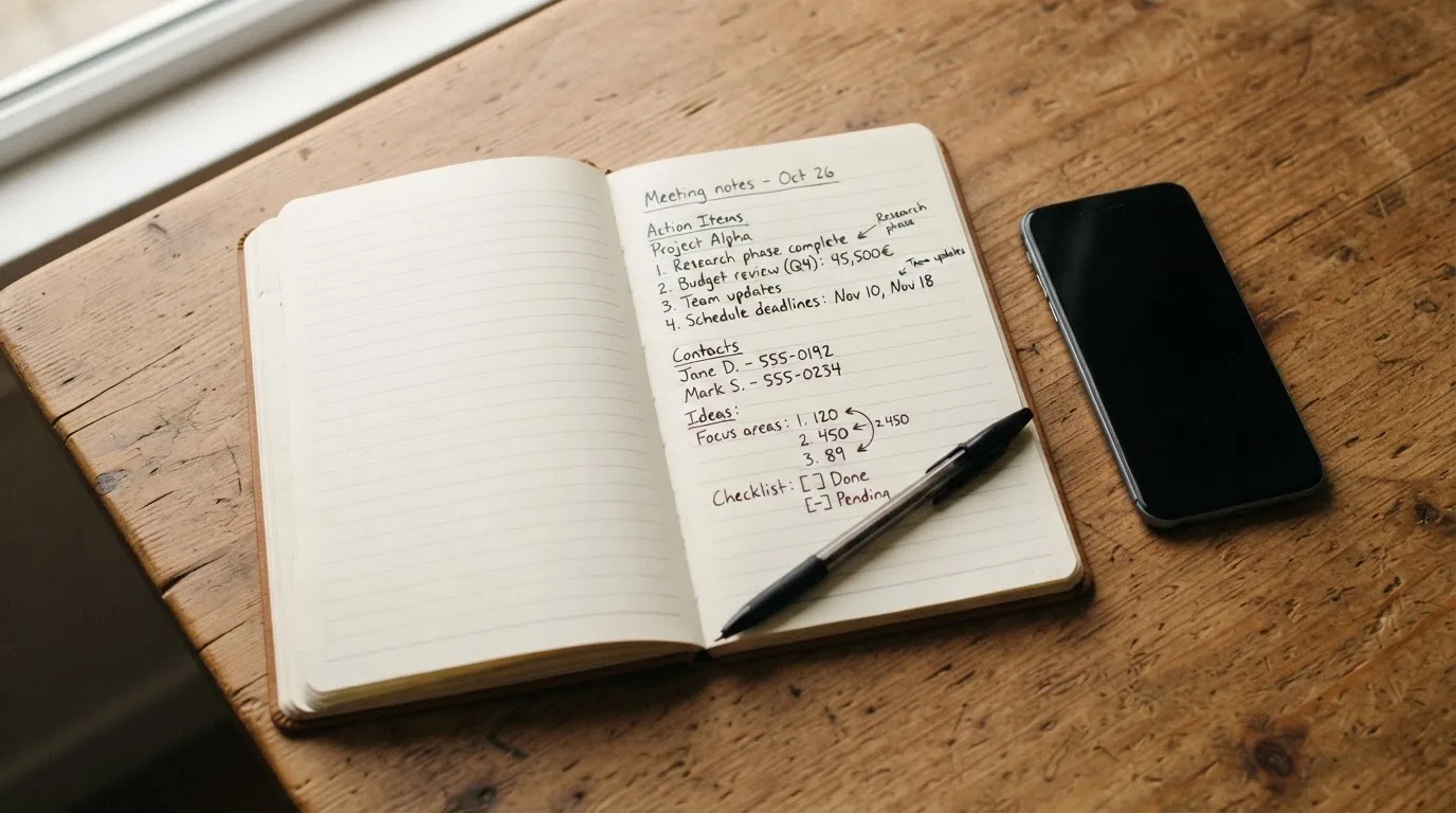 Ein Notizbuch mit handgeschriebenen Zahlen und ein Kugelschreiber liegen auf einem Tisch, daneben ein Smartphone mit schwarzem Bildschirm.