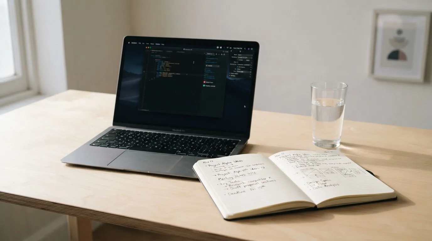 Ein Laptop mit dunklem Bildschirm steht aufgeklappt auf einem Schreibtisch, daneben ein Notizbuch und ein Glas Wasser.