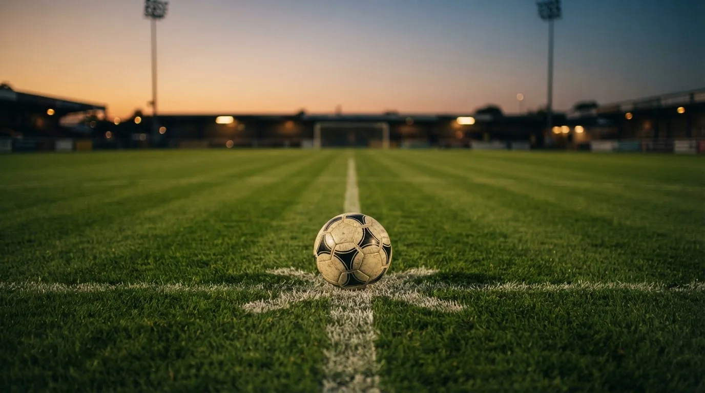 Ein Fußball liegt auf dem Anstoßpunkt eines Rasenplatzes in der Abenddämmerung, Flutlichtmasten stehen unscharf im Hintergrund.