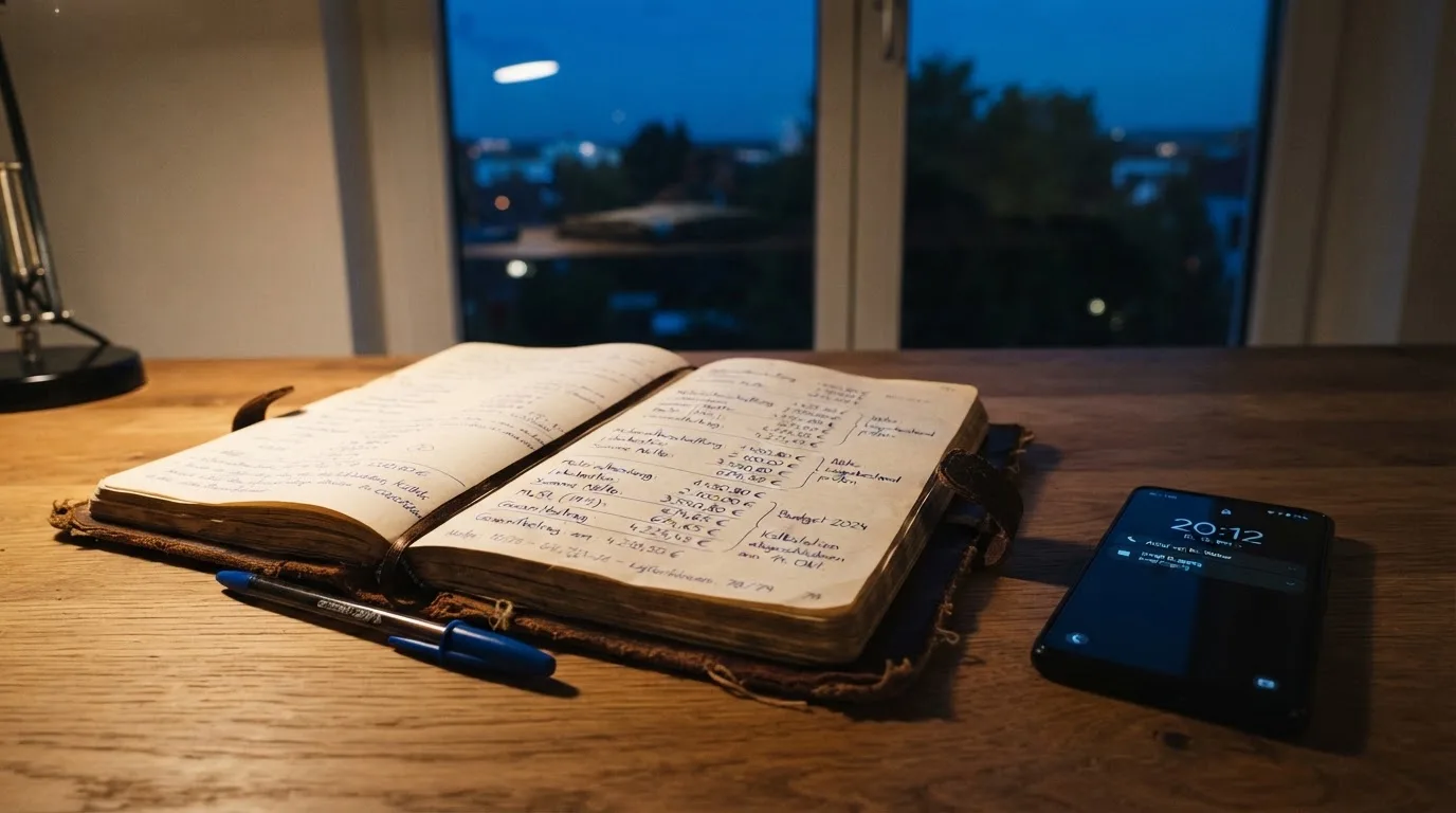 Ein Notizbuch mit handschriftlichen Zahlen liegt neben einem Smartphone mit dunklem Display auf einem Tisch, im Fenster Dämmerlicht.