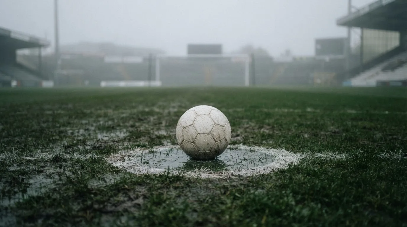 Ein Fußball liegt auf dem Elfmeterpunkt eines nassen Rasenplatzes, im Hintergrund ein leeres Tor im Nebel.