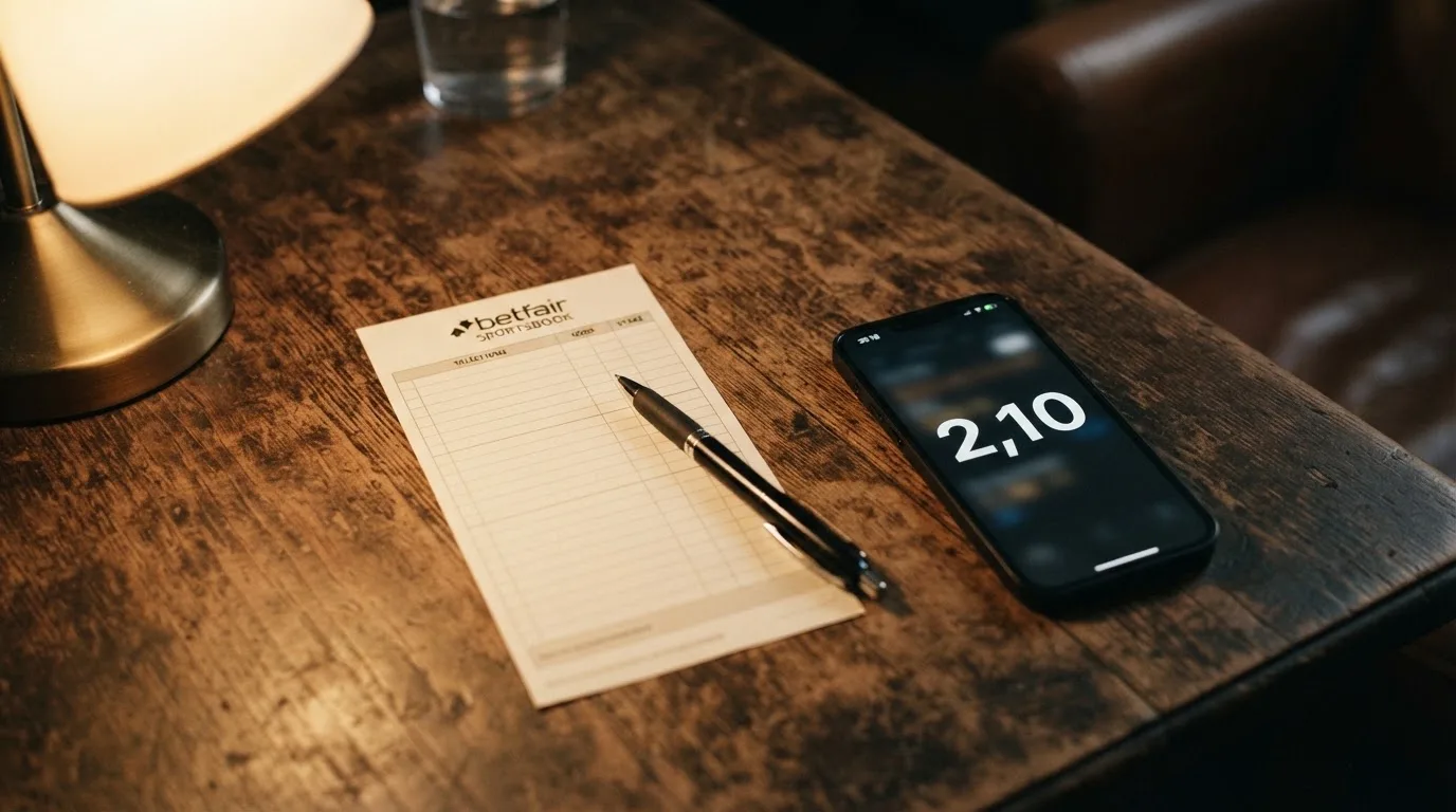 Ein leerer Papier-Wettschein und ein Kugelschreiber liegen auf einem Holztisch neben einem schwarzen Smartphone.