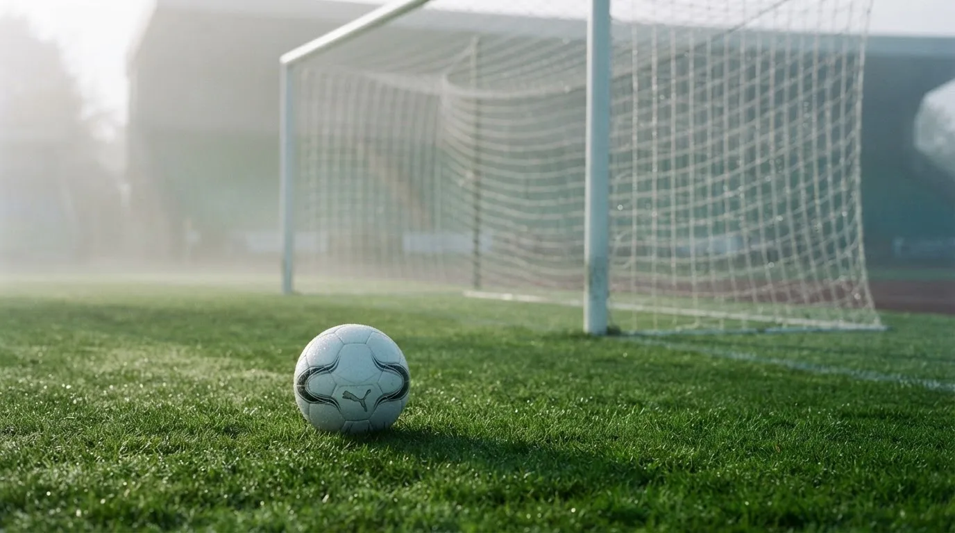 Ein Fußball liegt auf dem Rasen vor einem Tor im Morgennebel, die Netzmaschen sind taufeucht.