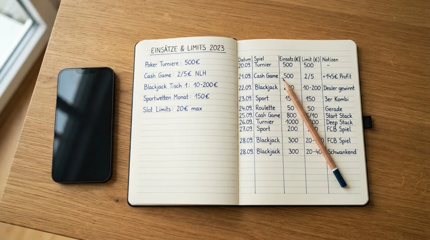 Ein Notizbuch mit handschriftlichen Zahlenreihen liegt neben einem Bleistift und einem Smartphone mit dunklem Display auf einem Tisch.