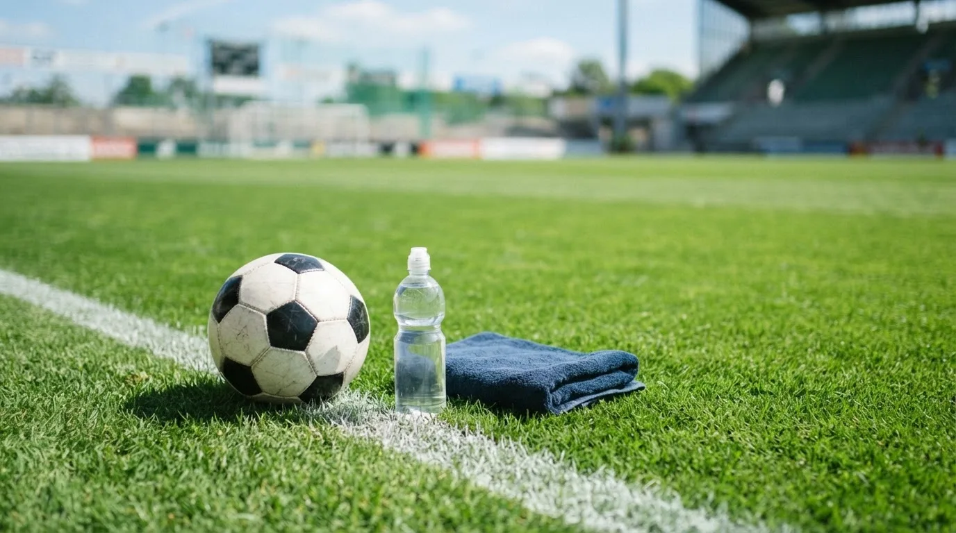 Ein Fußball auf einer Wiese neben der Seitenlinie, daneben eine Trinkflasche ohne Aufdruck und ein Handtuch.