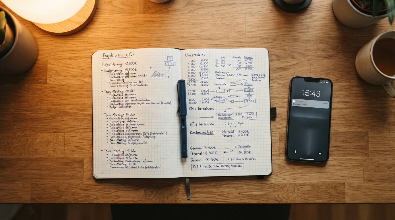 Ein Notizbuch mit handschriftlichen Notizen und ein Taschenrechner liegen auf einem Schreibtisch neben einem Smartphone mit dunklem Display.