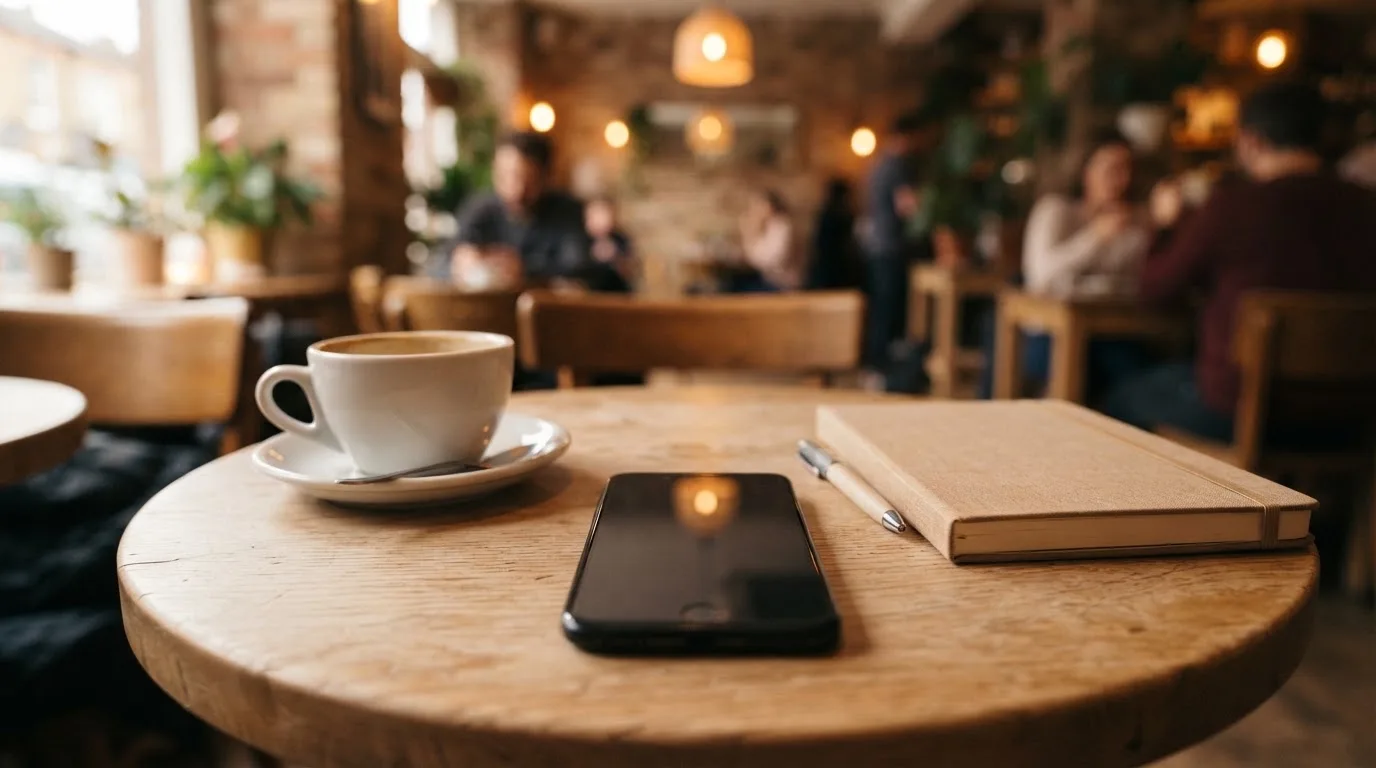 Ein Smartphone liegt mit schwarzem Display neben einer Kaffeetasse und einem Notizblock auf einem Café-Tisch.