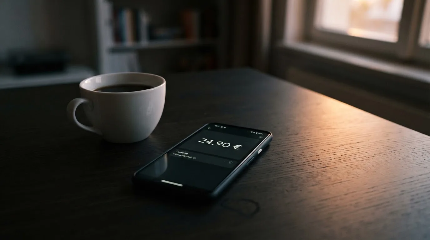 Ein Smartphone mit dunklem Display liegt neben einer Kaffeetasse auf einem Schreibtisch, durch das Fenster fällt Abendlicht.