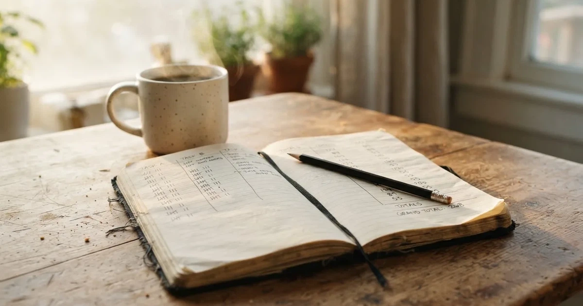 Ein aufgeschlagenes Notizbuch mit handgezeichneten Spalten und Strichen liegt neben einem Bleistift und einer Kaffeetasse auf einem Tisch am Morgen.